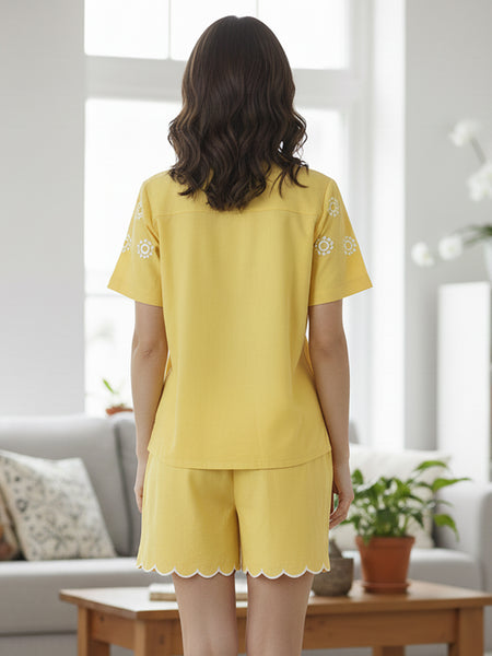 Yellow Button-Down Eyelet Embroidery Chic Co-Ord Set
