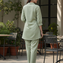 Olive Green Co-Ord: Detailed Central Embroidered Tunic and Wide Pants