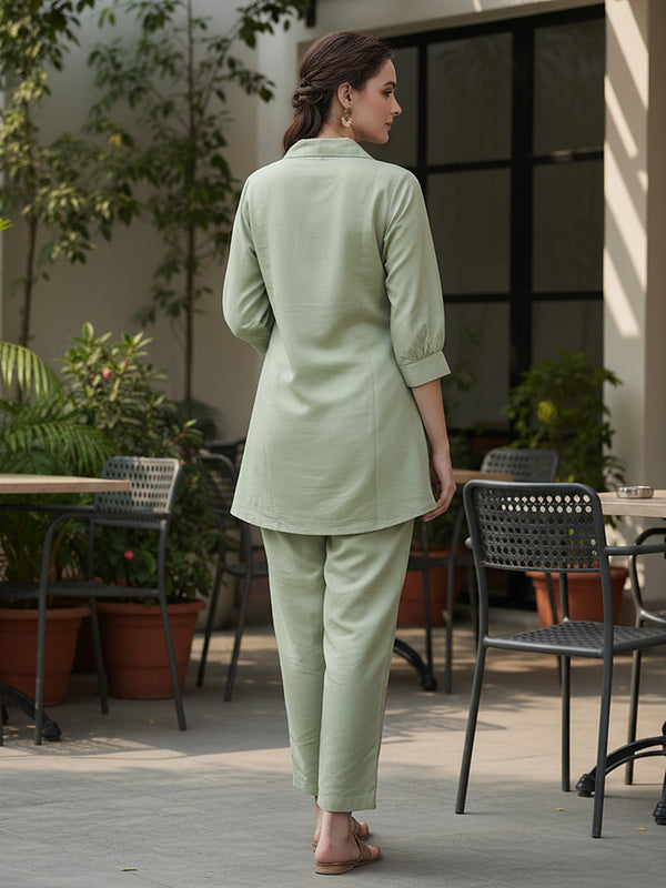 Olive Green Co-Ord: Detailed Central Embroidered Tunic and Wide Pants