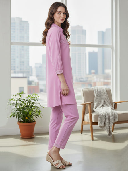 Graceful Lavender Co-Ord Ensemble Featuring Intricate Lace and Comfort Fit