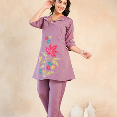 Lavender Floral Embroidered Kurta and Straight Pant Co-ord Set