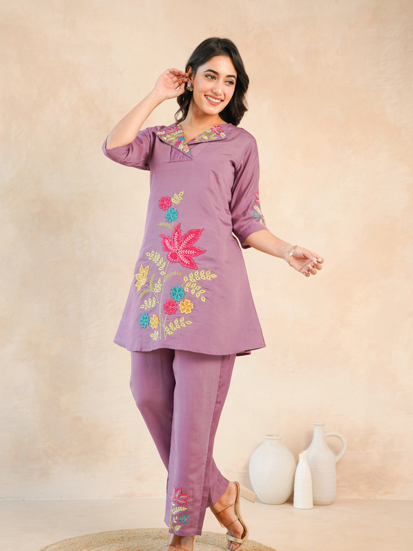 Lavender Floral Embroidered Kurta and Straight Pant Co-ord Set