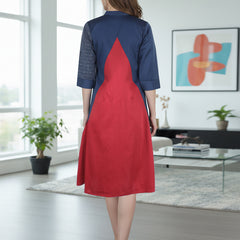 Multi-Color Embroidered Cotton Knee-Length Dress with Closed Neck