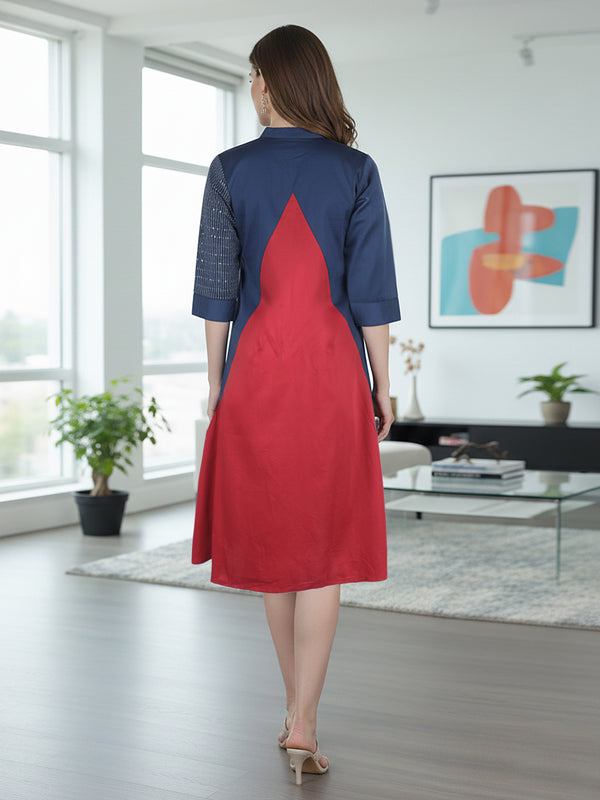 Multi-Color Embroidered Cotton Knee-Length Dress with Closed Neck