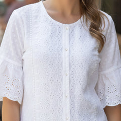 Women’s White Cotton Embroidered Shirt with Round Neck