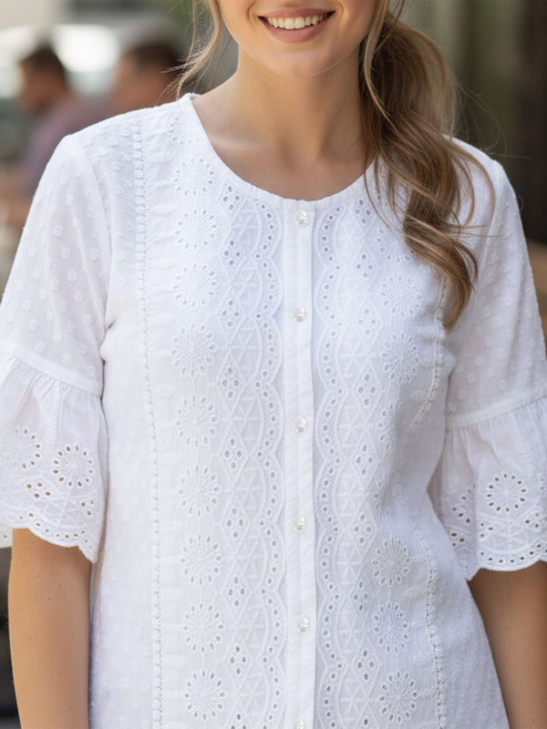 Women’s White Cotton Embroidered Shirt with Round Neck