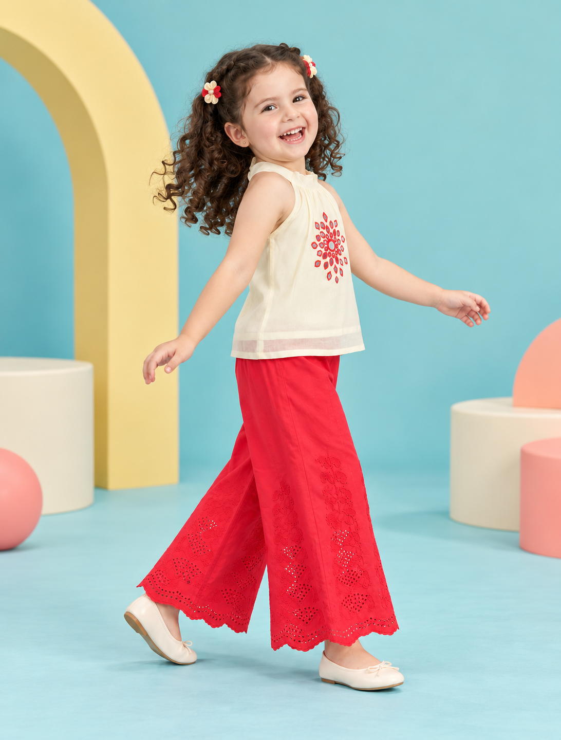 Girls' Cream Embroidered Halter Neck Top with Red Cotton Palazzo Set
