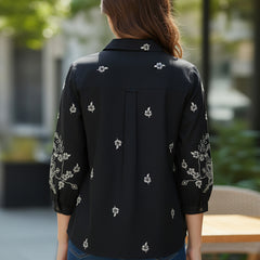 Elegant Black Button-Down Shirt with Floral Embroidered Sleeves
