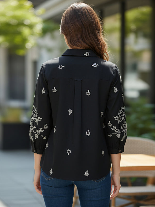 Elegant Black Button-Down Shirt with Floral Embroidered Sleeves