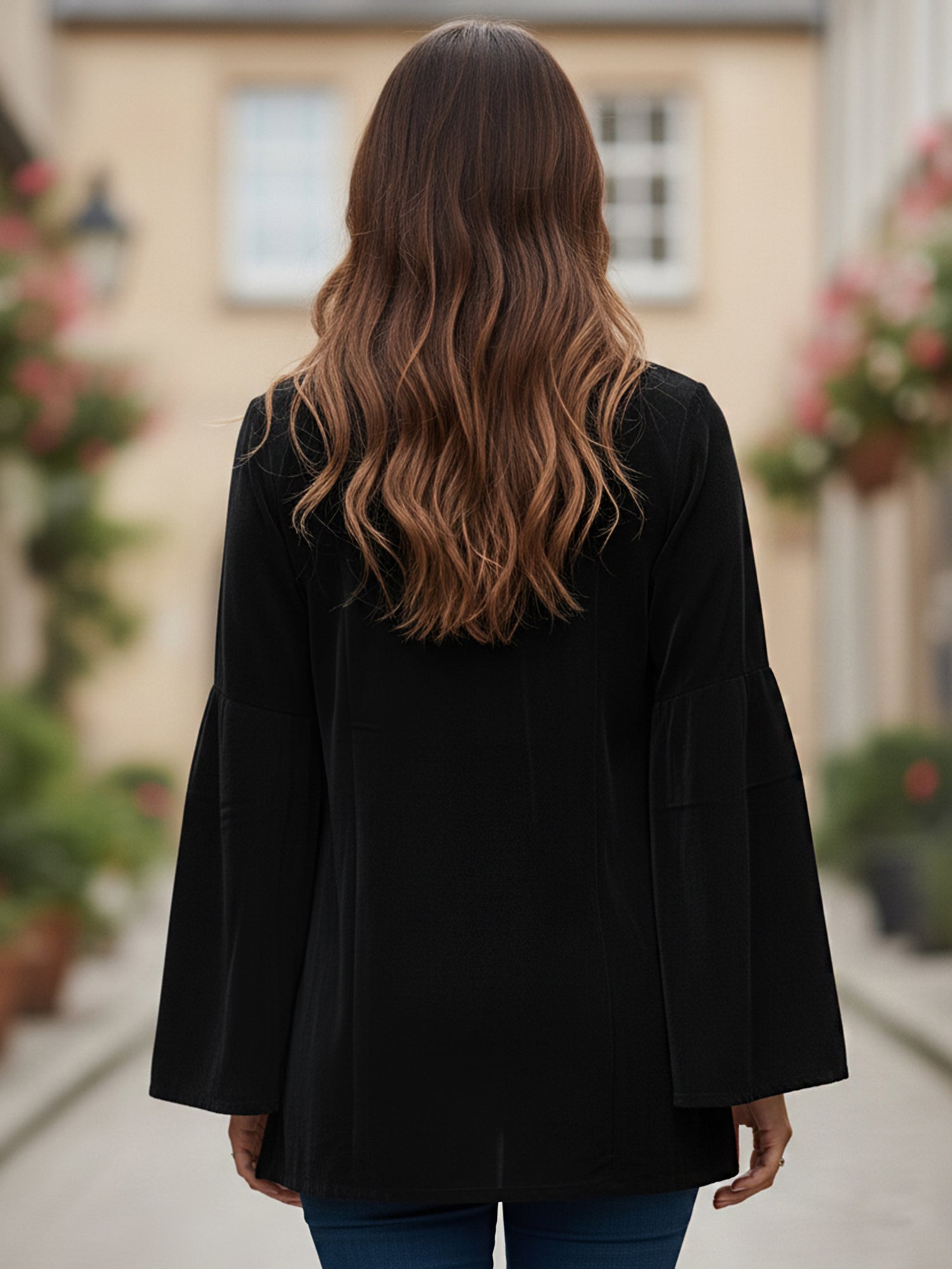 Black Embroidered Flare Sleeve Top