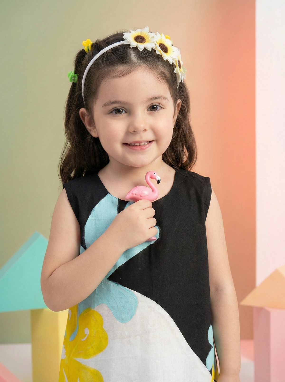 Girls Black & White Floral Printed Sleeveless Tunic Top with Black Pants Co-Ord Set