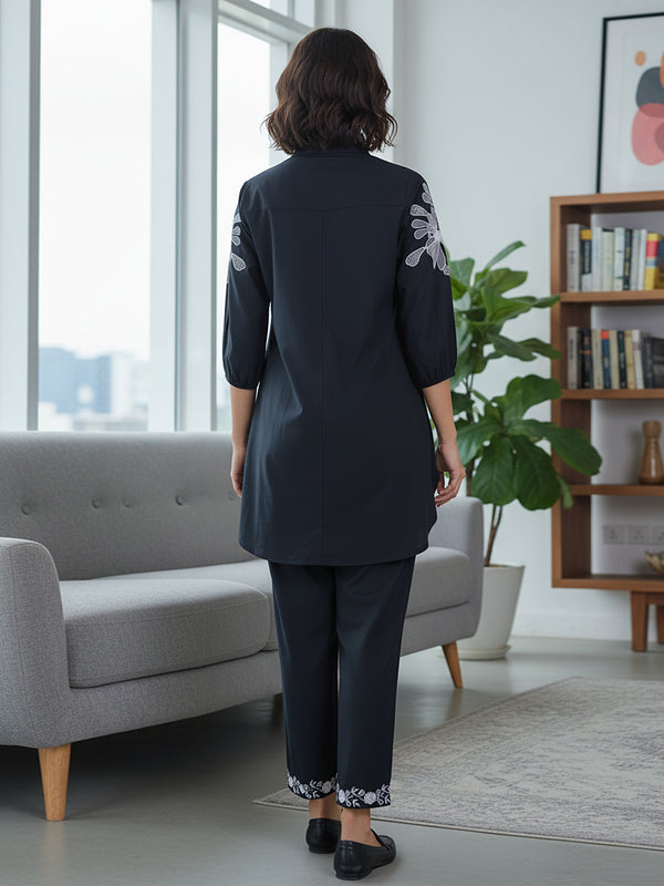 Navy Blue Shirt Pattern Co-ord Set