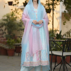 Light Blue Floral Embroidered Anarkali Suit Set