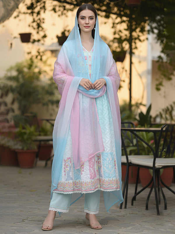 Light Blue Floral Embroidered Anarkali Suit Set