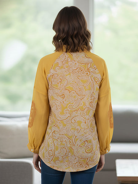 Women Mustard Yellow Printed Shirt with Sheer Sleeves