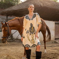 Cream Cotton Embroidered Midi Dress with V-Neck & Elbow Sleeves