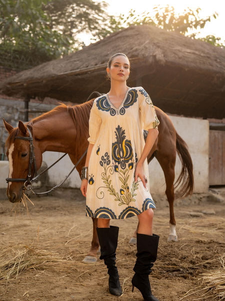 Cream Cotton Embroidered Midi Dress with V-Neck & Elbow Sleeves