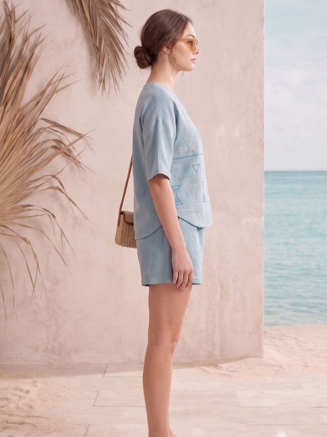 Blue Geometric Embroidered V-Neck Half Sleeve Top with Mid-Rise Shorts Co-Ord Set