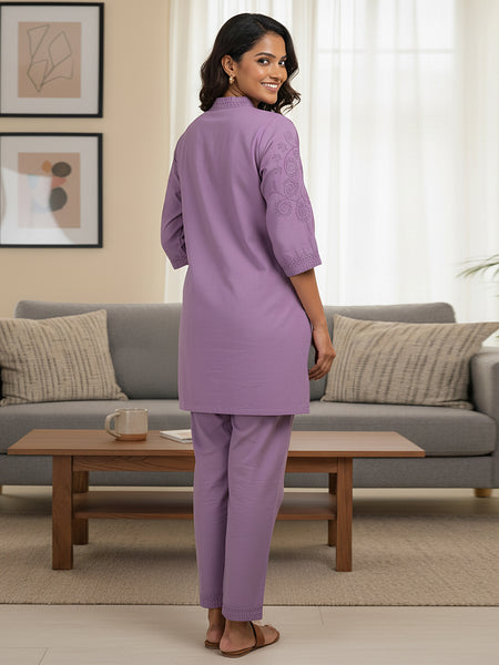 Purple Love Embroidered Co -ord Set