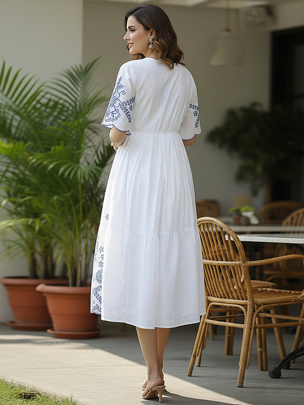 Flawless White Embroidered Cotton Midi Dress
