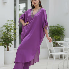 Stylish Satin V-neck Purple Co-ord Set