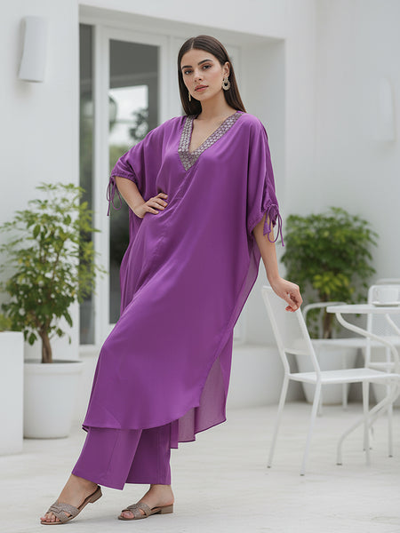 Stylish Satin V-neck Purple Co-ord Set