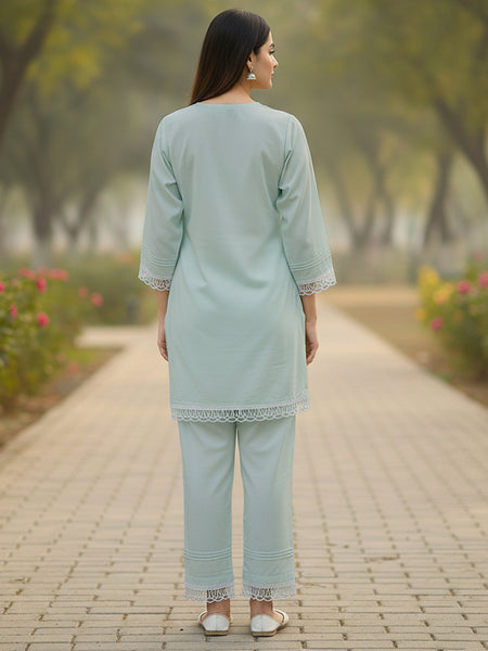 Graceful Bloom Mint Cotton Kurta and Pant Set