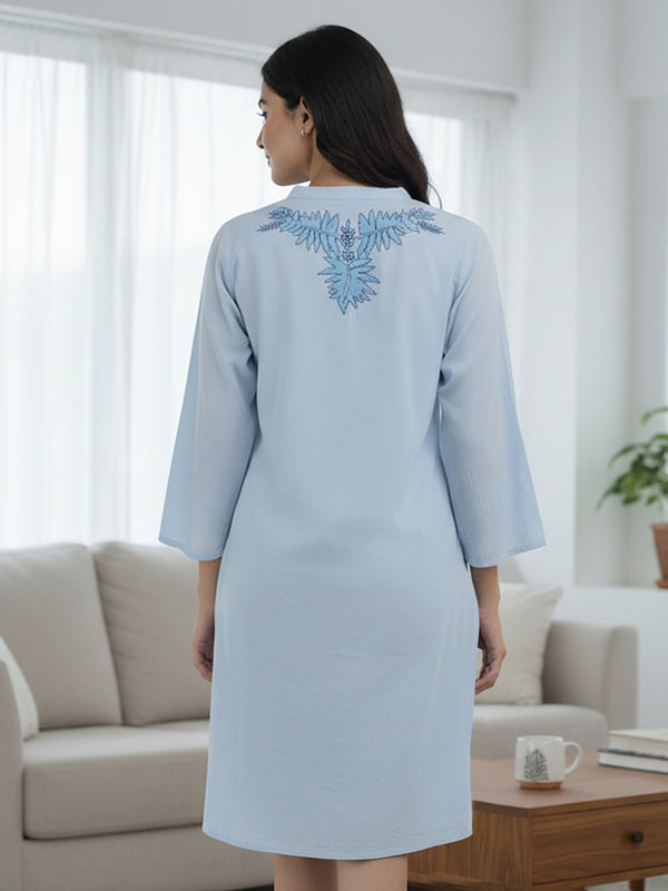 Light Blue Embroidered Cotton Shirt Dress
