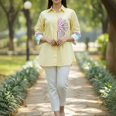Women’s Yellow Embroidered Cotton Crop Shirt with Collar Neck