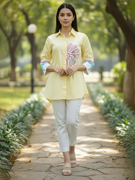 Women’s Yellow Embroidered Cotton Crop Shirt with Collar Neck