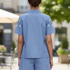 Elegant Blue Button-Down Embroidered Shorts Set