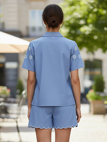 Elegant Blue Button-Down Embroidered Shorts Set