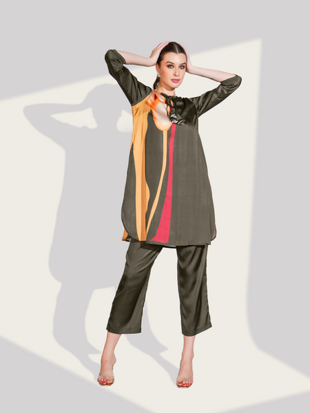 Smoky Grace Printed Satin Grey Co-ord Set