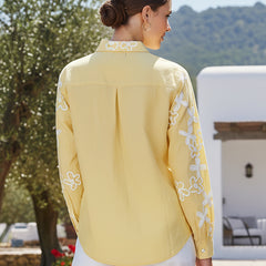 Yellow Cotton Embroidered Waist-Length Shirt with Collar Neck