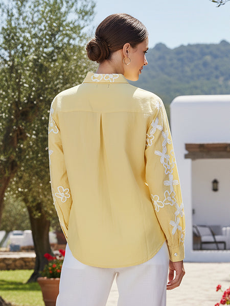 Yellow Cotton Embroidered Waist-Length Shirt with Collar Neck