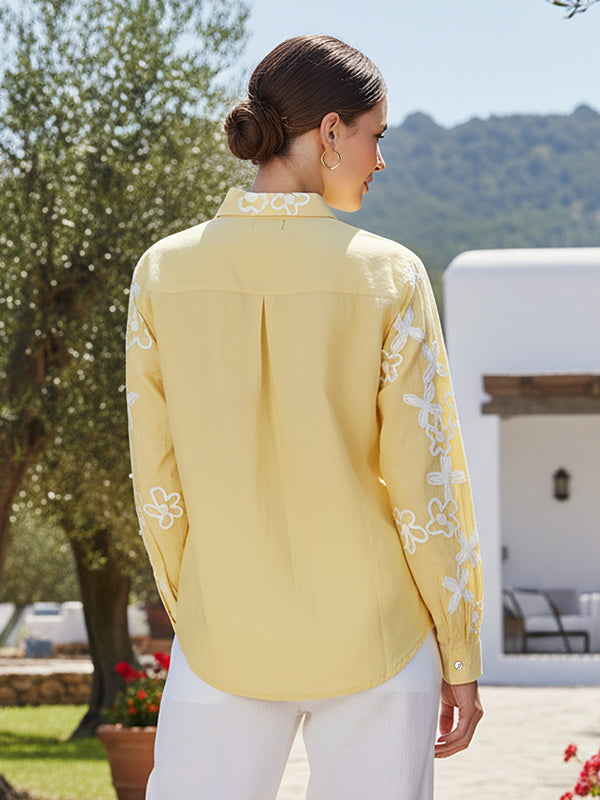 Yellow Cotton Embroidered Waist-Length Shirt with Collar Neck