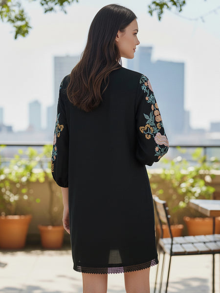 Black Cotton Embroidered Mini Dress