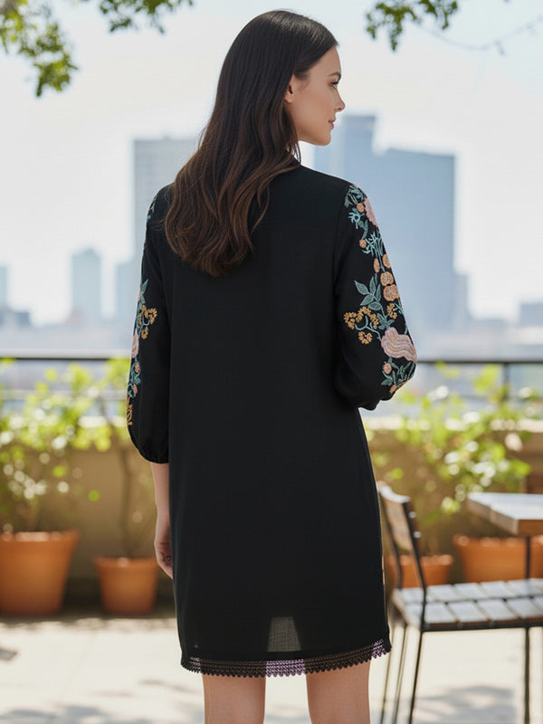 Black Cotton Embroidered Mini Dress