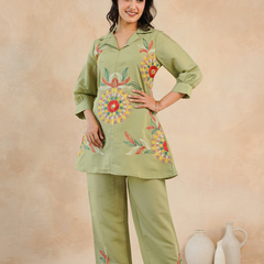 Olive Green Co-Ord: Detailed Central Embroidered Tunic and Wide Pants