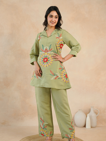 Olive Green Co-Ord: Detailed Central Embroidered Tunic and Wide Pants