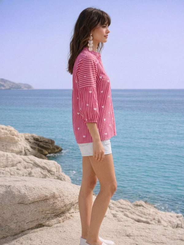 Trendy Pink Striped Heart Print Relaxed Shirt