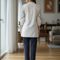 Chic Off-White & Blue Embroidered Rayon Co-ord Set