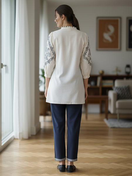 Chic Off-White & Blue Embroidered Rayon Co-ord Set