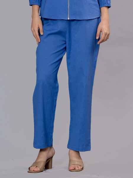 Blue Cotton Embroidered Co-Ord Set with Zip Top