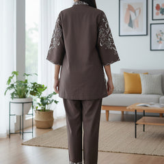 Trendy Two-Piece Brown Outfit with Contrast Embroidery