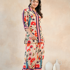 Elegant Beige Floral Shirt Style Top and Bottom Set