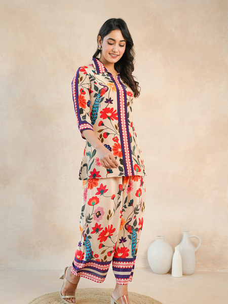 Elegant Beige Floral Shirt Style Top and Bottom Set