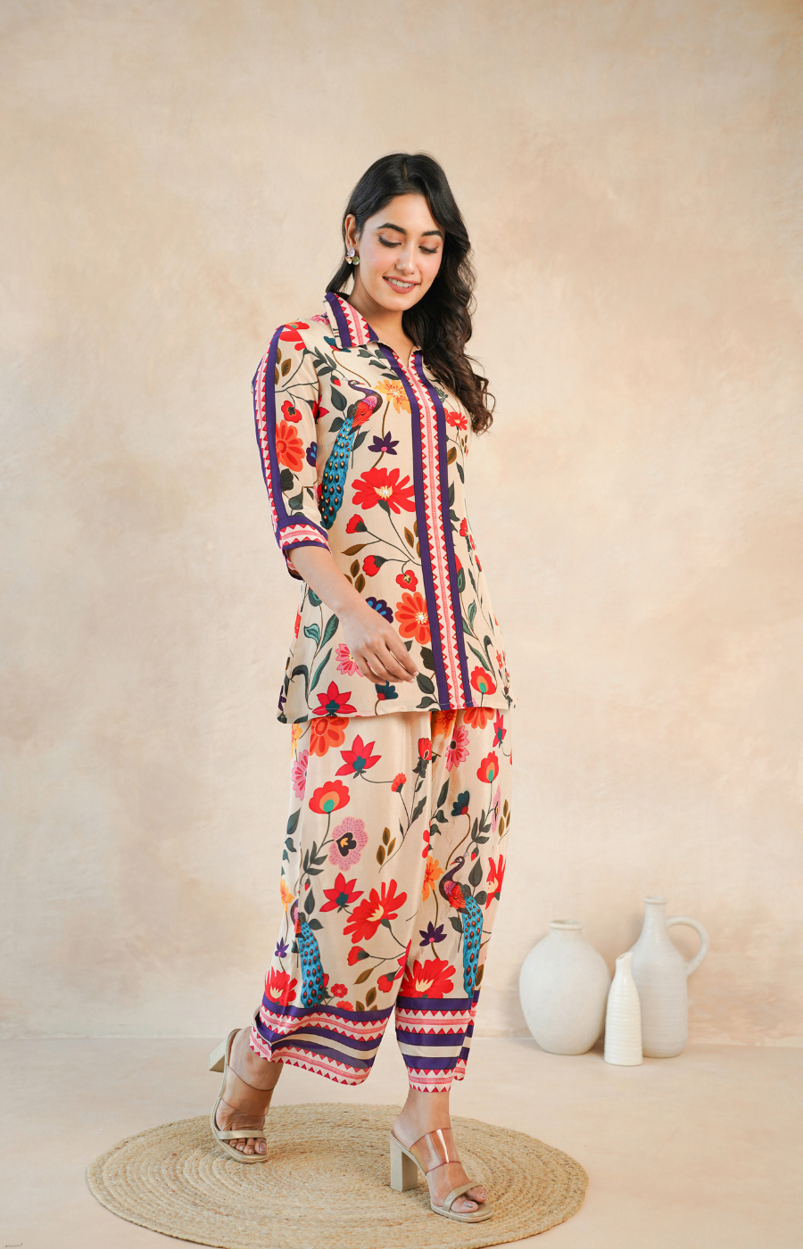 Elegant Beige Floral Shirt Style Top and Bottom Set