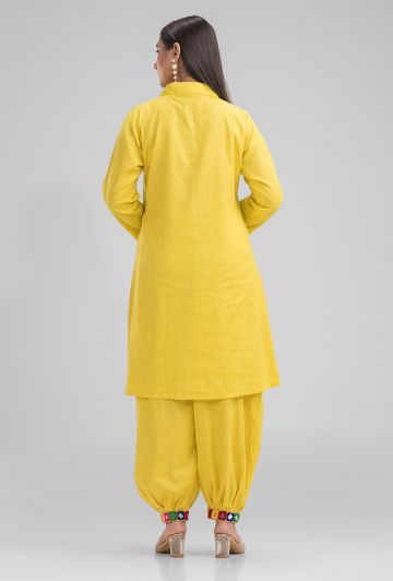 Yellow Embroidered Shirt Collar Neck Co Ord Set
