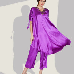 Stylish Satin V-neck Purple Co-ord Set